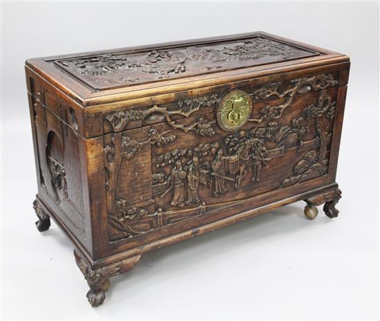 A Chinese carved hongmu chest, late 19th/early 20th century, W.3ft 6in. D.1ft 10in. H.2ft 3in.